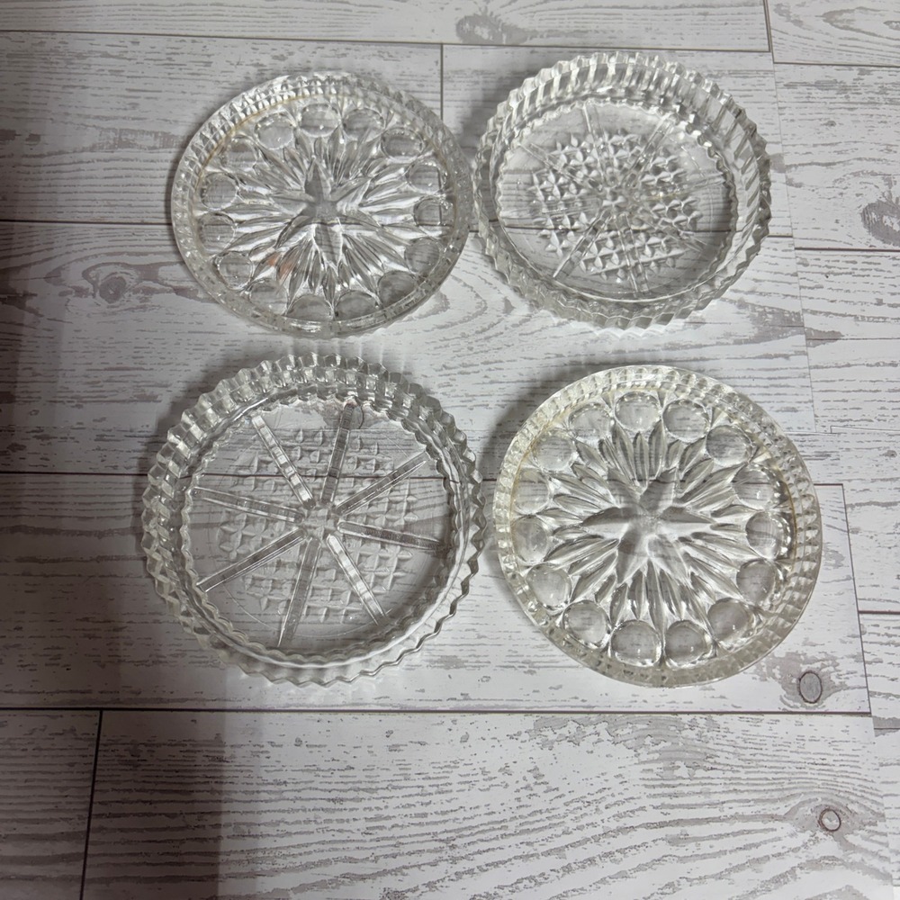 Vtg MCM Clear Pressed Glass Coasters Set of 4 Starburst Scalloped Sawtooth Edge
